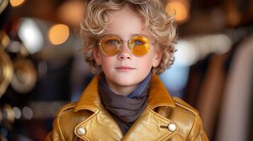 AI generated Fashionable Child in Yellow Leather Jacket and Sunglasses photo