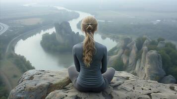 AI generated Woman Sitting on Rock Looking at River photo