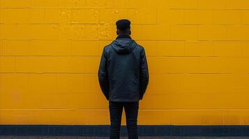 AI generated Man in black jacket facing vibrant yellow wall, urban style photo