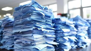 AI generated Massive piles of paperwork and documents in office setting photo