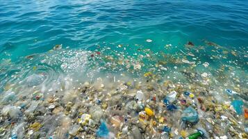 ai generado Oceano contaminación, el plastico y basura flotante en agua superficie foto