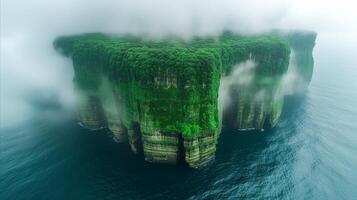 AI generated Mist-Shrouded Cliff With Lush Greenery in the Ocean photo