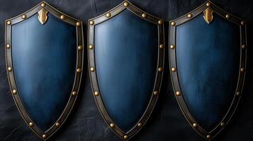 AI generated Set of Three Blue Shields on Black Background photo