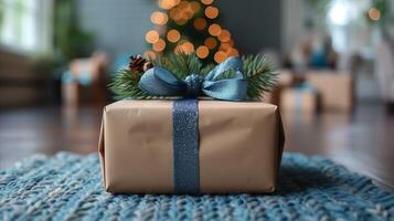 ai generado elegante Navidad regalo con azul cinta en de punto textura foto