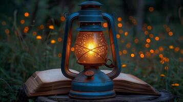 AI generated Vintage lantern lighting up open book in a magical evening setting photo