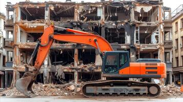 AI generated Excavator Demolishing Building in Urban Area During Daylight photo