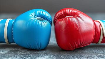 AI generated Close-up of red and blue boxing gloves touching in competition concept photo