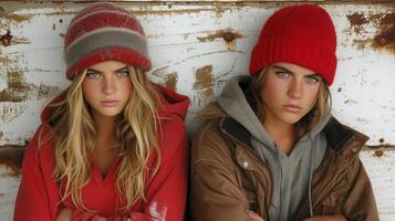 AI generated Twin Sisters in Colorful Beanies Leaning Against Rustic Background photo