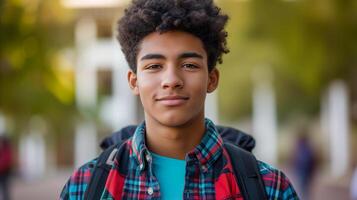 AI generated Smiling Teenage Boy With Backpack at School Campus During Daytime photo