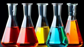 AI generated Colorful Chemical Solutions in Laboratory Flasks photo