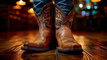 AI generated Pair of Cowboy Boots on Wooden Floor photo