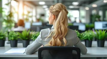 AI generated Businesswoman Overlooking Office Space During Workday photo