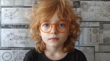 AI generated Curious child with orange glasses over infographics background photo