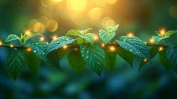 AI generated Nature's magic, Sparkling water droplets on green leaves with sun flare photo