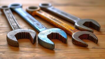 AI generated Assorted wrenches on wooden surface for maintenance and repair photo