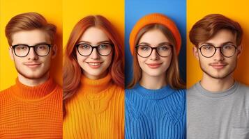 ai generado cuatro diferente de colores suéteres y lentes en joven adultos foto