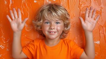 AI generated Happy child with hands on painted wall in bright orange room photo