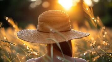 AI generated Woman in a Straw Hat at Sunset in a Grassy Field photo