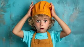 ai generado sorprendido joven niño en cocinero sombrero y delantal con un cómico expresión foto