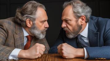 AI generated Two mature businessmen in a tense arm wrestling challenge photo