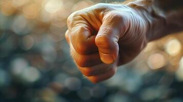 AI generated Close-up of a senior person's hand with sunlight and bokeh photo