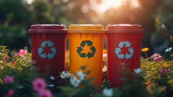 AI generated Three Recyclable Trash Cans in Field of Flowers photo