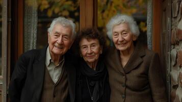 AI generated Elderly Trio Enjoying a Reunion Outside Their Home at Dusk photo