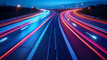 ai generado crepúsculo tráfico fluir en un ocupado autopista foto