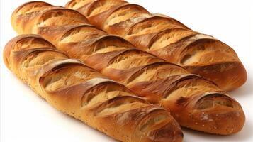 AI generated Freshly baked baguettes on white background close-up view photo