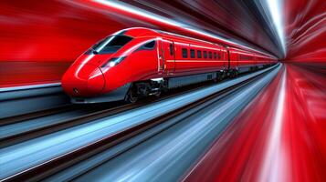 ai generado alta velocidad tren en movimiento en ferrocarril pista foto