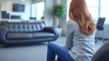 AI generated Young Woman Waiting in Modern Lounge Area photo