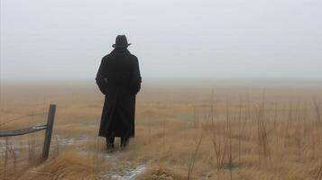 AI generated Solitary Figure in a Misty Field at Dawn photo