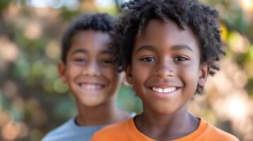 ai generado dos joven Niños sonriente juntos en un parque, mostrando amistad y alegría foto