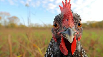 ai generado de cerca retrato de un pollo en natural granja ambiente foto