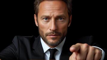 AI generated Businessman in Suit Pointing Directly at Camera photo