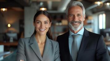 ai generado confidente negocio profesionales sonriente en moderno oficina ambiente foto