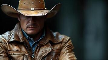 AI generated Cowboy in Brown Leather Jacket and Hat in the Rain photo