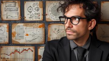 AI generated Thoughtful businessman with glasses against vintage technical blueprint background photo