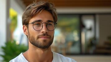 AI generated Confident young man with glasses outdoor portrait photo