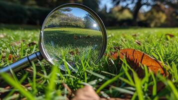 AI generated Close-up of magnifying glass on grass capturing reflection of trees photo