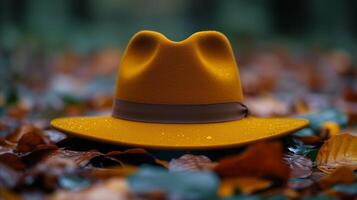 ai generado amarillo sombrero en pila de hojas foto