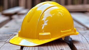 AI generated Yellow safety helmet on a wooden surface for construction concepts photo