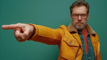 AI generated Serious middle-aged man in yellow jacket pointing confidently photo