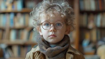 AI generated Curious little boy with glasses in a library, portrait of child with curly hair photo