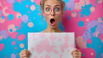 AI generated Shocked young woman with glasses holding blank sign on colorful splatter background photo