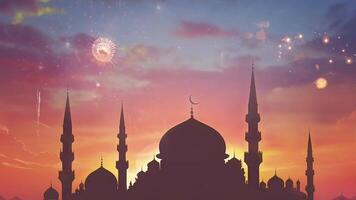 ai gegenereerd de silhouet van een moskee Bij zonsondergang video