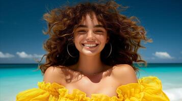 AI generated Smiling Woman in Yellow Dress on Tropical Beach photo