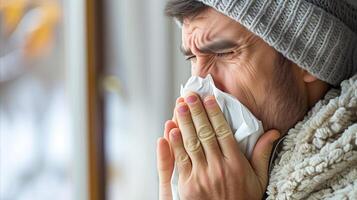 AI generated Man Sneezing and Wearing Winter Attire Indoors photo
