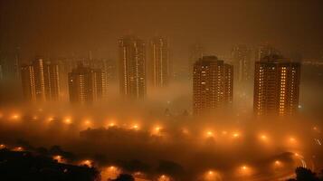 ai generado místico paisaje urbano a noche con denso niebla y brillante luces foto