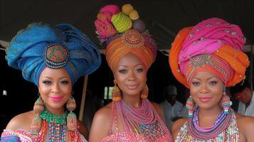 AI generated Three elegant african women in traditional attire with colorful headwraps photo